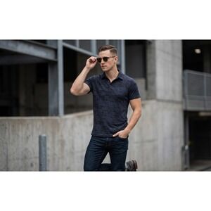 John Varvatos Star USA Navy Blue Burnout Slub Polo Shirt Peace Sign Mens Small S